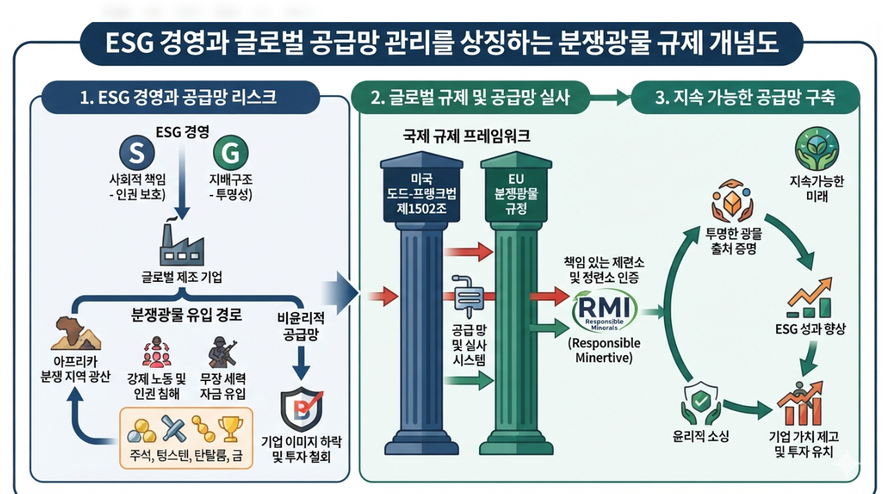 ESG 경영과 글로벌 공급망 관리를 상징하는 분쟁광물 규제 개념도