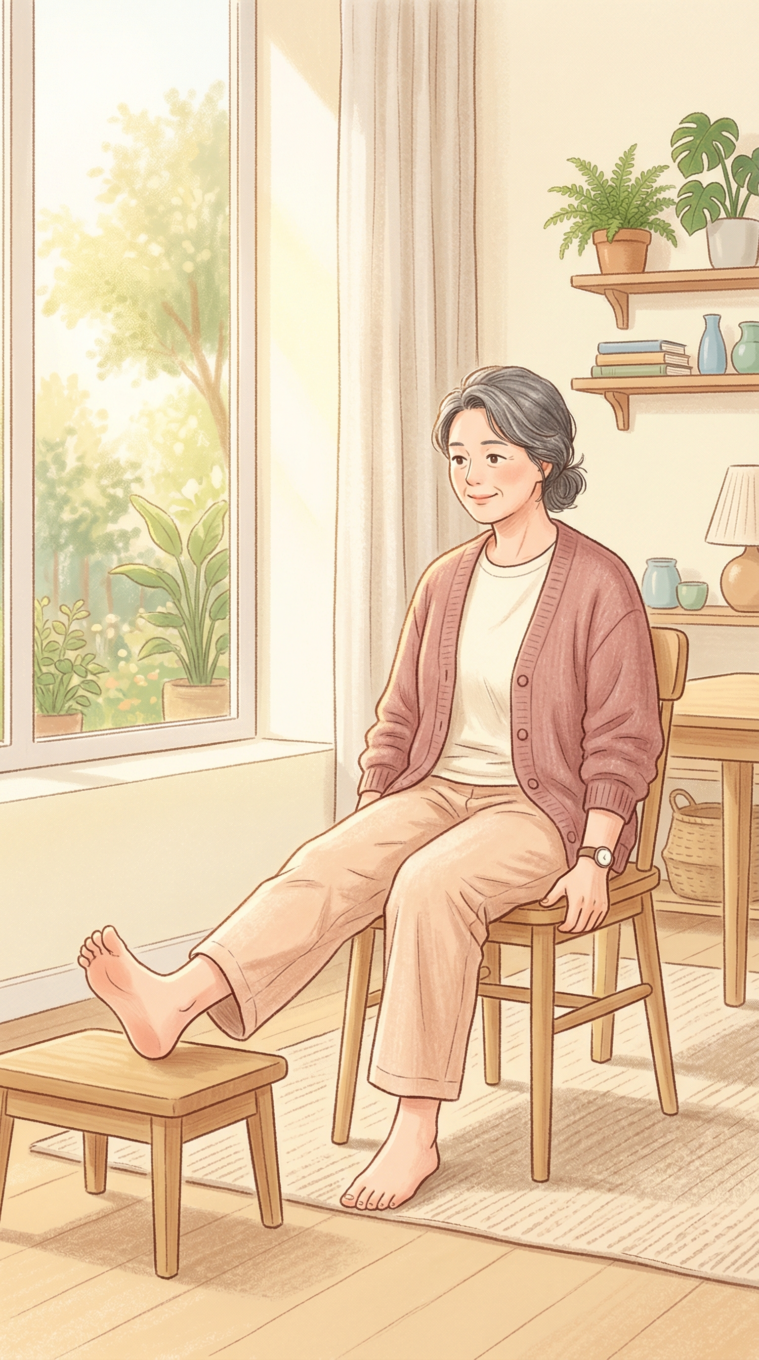 아침 햇살 속에서 가볍게 발목 운동을 하는 50대