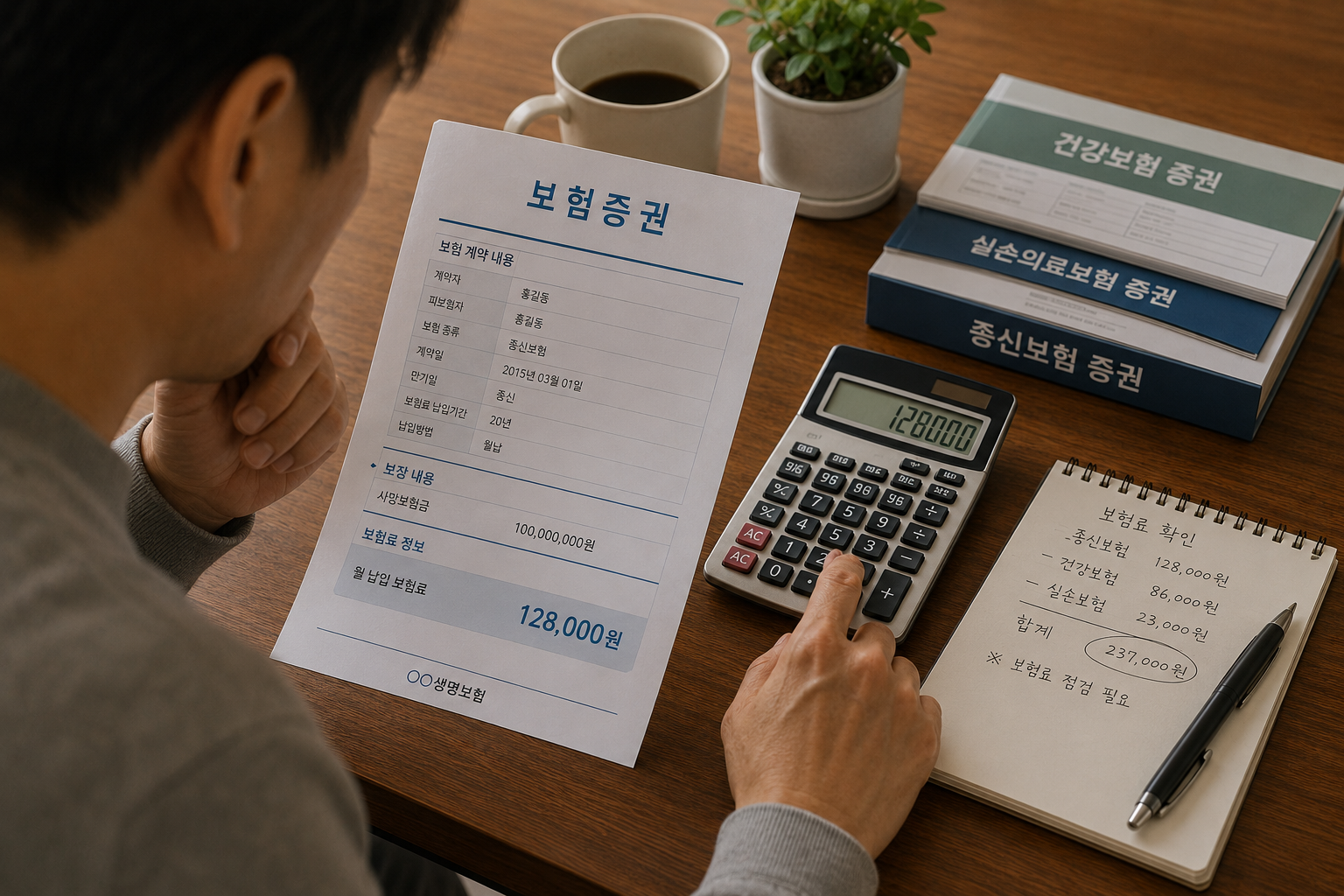 보험 증권 을 확인 하며 보험금 점검하는 모습