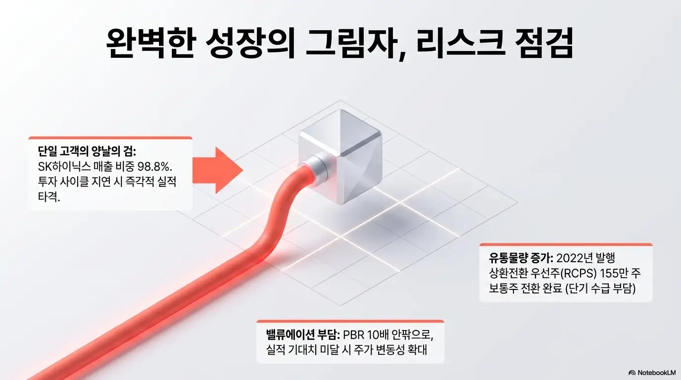 브이엠 주가 전망: 브이엠 성장의 그림자인 리스크를 점검한 그래픽. SK하이닉스 매출 비중 98.8%의 단일 고객 양날의 검, PBR 10배 안팎의 밸류에이션 부담, 2022년 발행 상환전환우선주(RCPS) 155만 주 보통주 전환에 따른 유통물량 증가라는 세 가지 위험 요인을 시각화해 투자 시 점검 사항을 설명함.