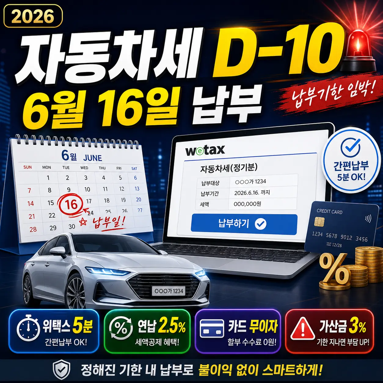 자동차세 6월 16일 납부 D-10 &mdash; 위택스 5분&middot;연납 2.5% 할인&middot;카드 무이자&middot;가산금 3% 최종 체크 2026
