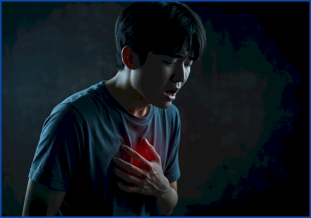 숨쉬기 힘들어하고 쌕쌕거리는 소리를 내는 인물을 통해 천식 등 호흡기 질환의 긴급성을 나타내는 일러스트.