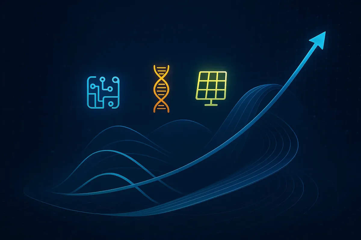 미래 금융 시장의 데이터를 시각화한 추상적인 그래프와 4대 섹터를 상징하는 아이콘이 어우러진 이미지