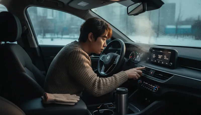 겨울 아침 히터를 켜는 운전자 모습