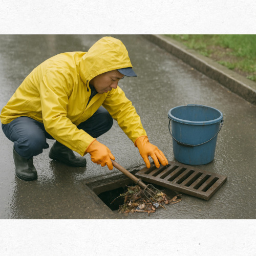 배수구 낙엽 청소하는 시민