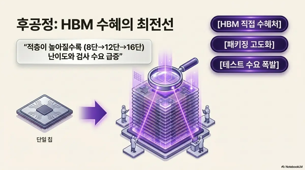 반도체 소부장 대장주: &amp;#39;후공정: HBM 수혜의 최전선&amp;#39;을 주제로&amp;#44; 단일 칩에서 적층 구조로 갈수록 검사&middot;패키징 수요가 급증하는 원리를 시각화한 이미지. 적층 단수가 8단&middot;12단&middot;16단으로 높아질수록 난이도가 커지는 반도체 후공정 관련주의 HBM 직접 수혜 구조를 설명함.