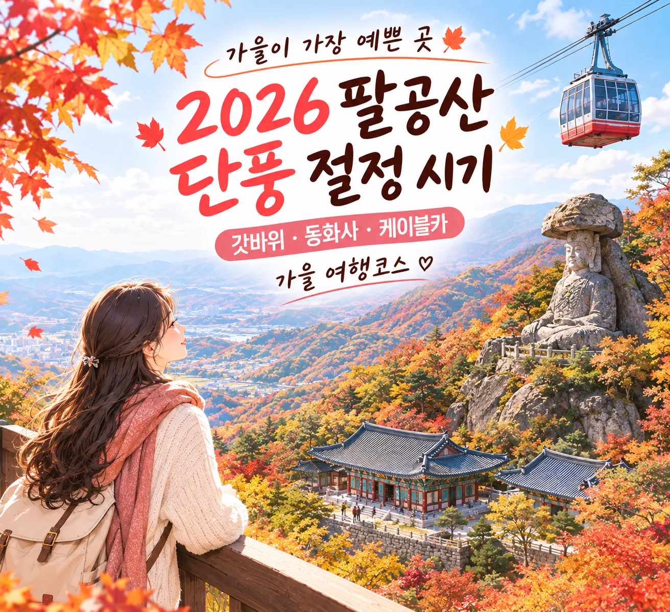 2026년 팔공산 단풍 절정 시기를 표현한 일러스트로, 붉고 노랗게 물든 팔공산을 배경으로 갓바위와 동화사, 팔공산 케이블카가 보이고 가을 여행객이 풍경을 바라보고 있는 모습