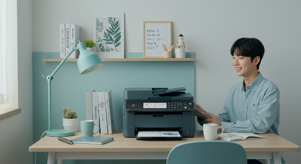 2025년 가정용 프린터 선택을 돕는 레이저, 잉크젯, 무한잉크 프린터의 비교 분석 이미지를 보여주는 모던한 사무실 풍경.