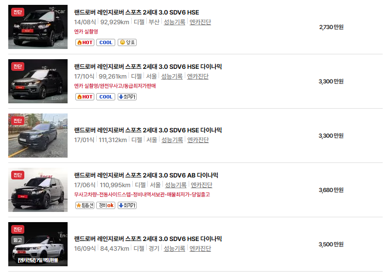 레인지로버 스포츠 중고차 가격 시세표 연비