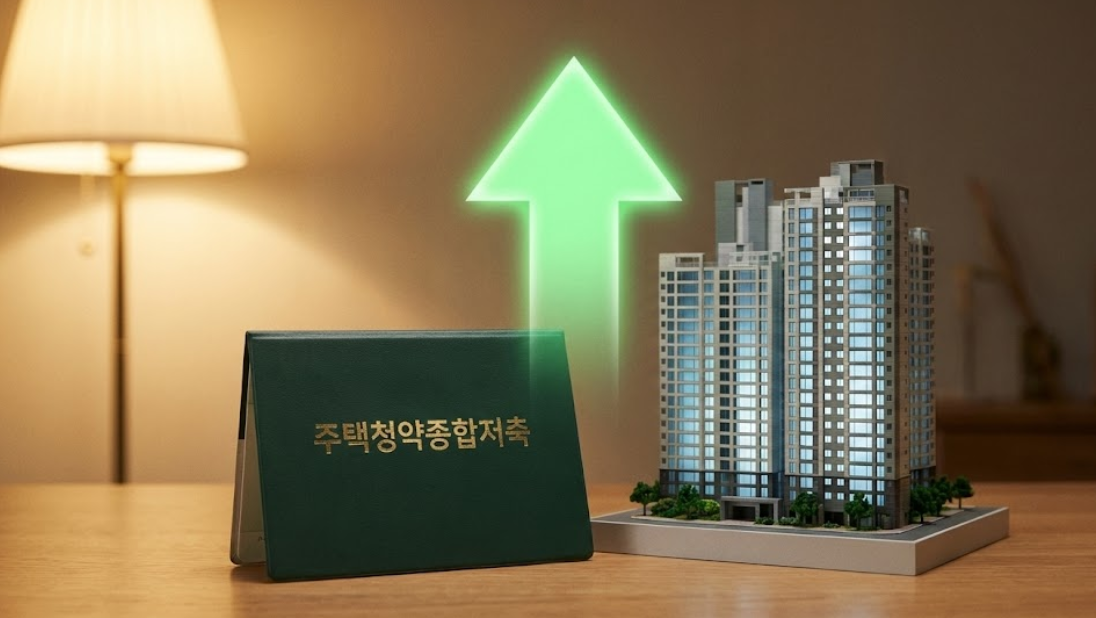 주택청약종합저축 통장과 아파트 모형, 그리고 상승하는 금리 그래프를 보여주는 3D 금융 이미지