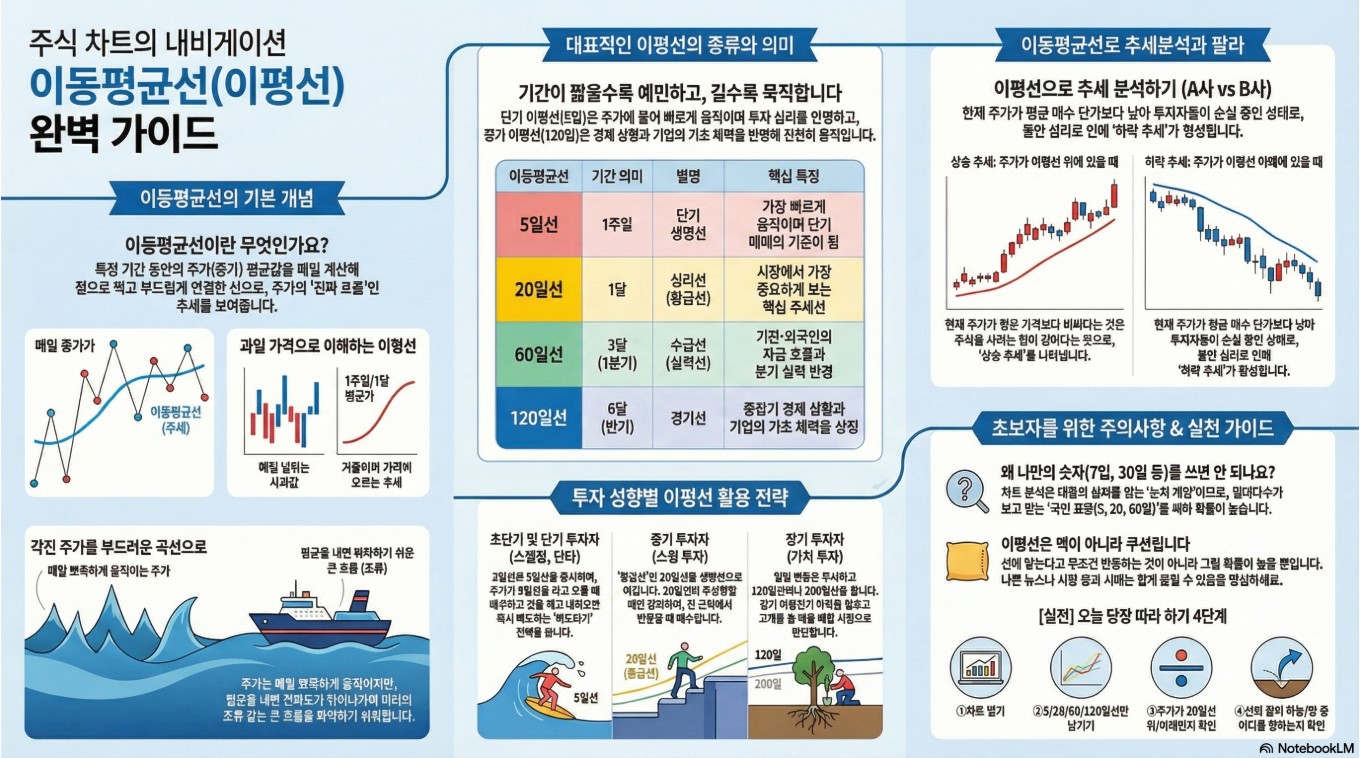 주식 차트의 기본인 이동평균선(이평선) 종류와 활용법 요약 인포그래픽. 5일(단기 생명선), 20일(심리 황금선), 60일(수급선), 120일(경기선)의 의미와 주가 위치에 따른 상승 및 하락 추세 판단법 설명. 초보 투자자를 위한 투자 성향별 이평선 활용 전략과 차트 설정 4단계 행동 지침 정리.