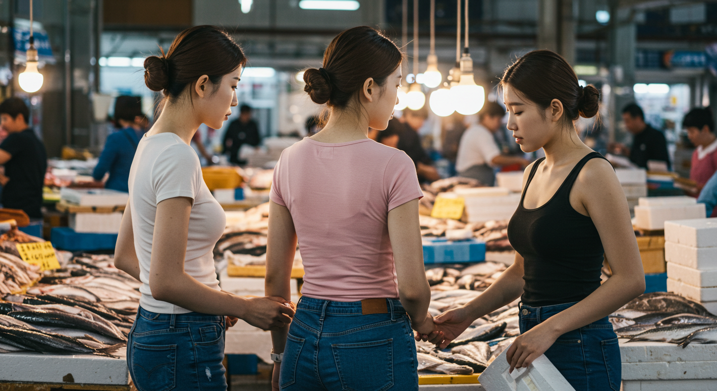 수산시장에서 쇼핑하는 여성들