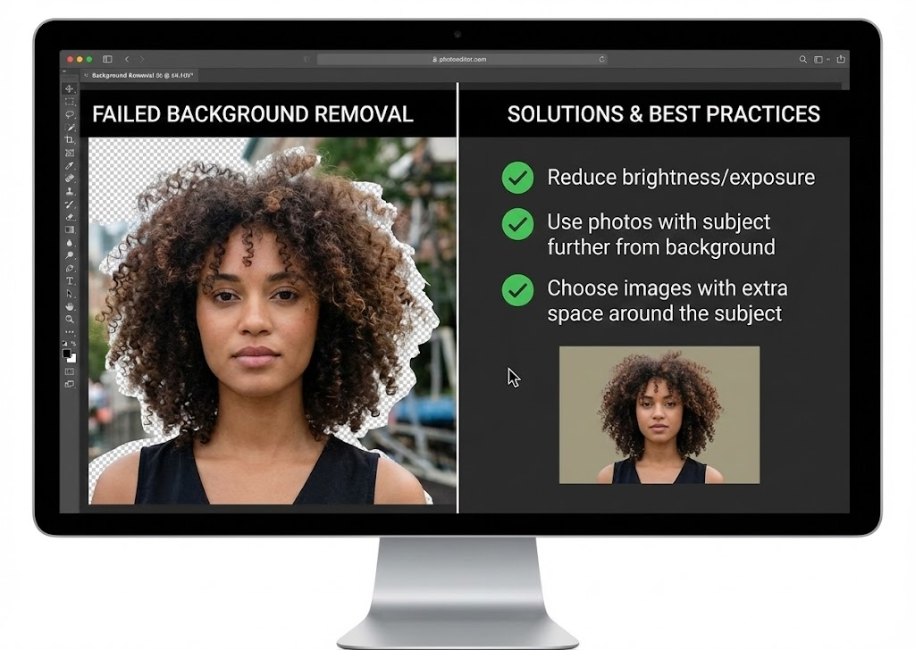 나노바나나 배경 제거 실패 vs 해결 가이드 &mdash; 밝기 낮춤, 배경과 피사체 거리 확보, 여백 있는 원본 사용 시 정확한 배경제거 성공.