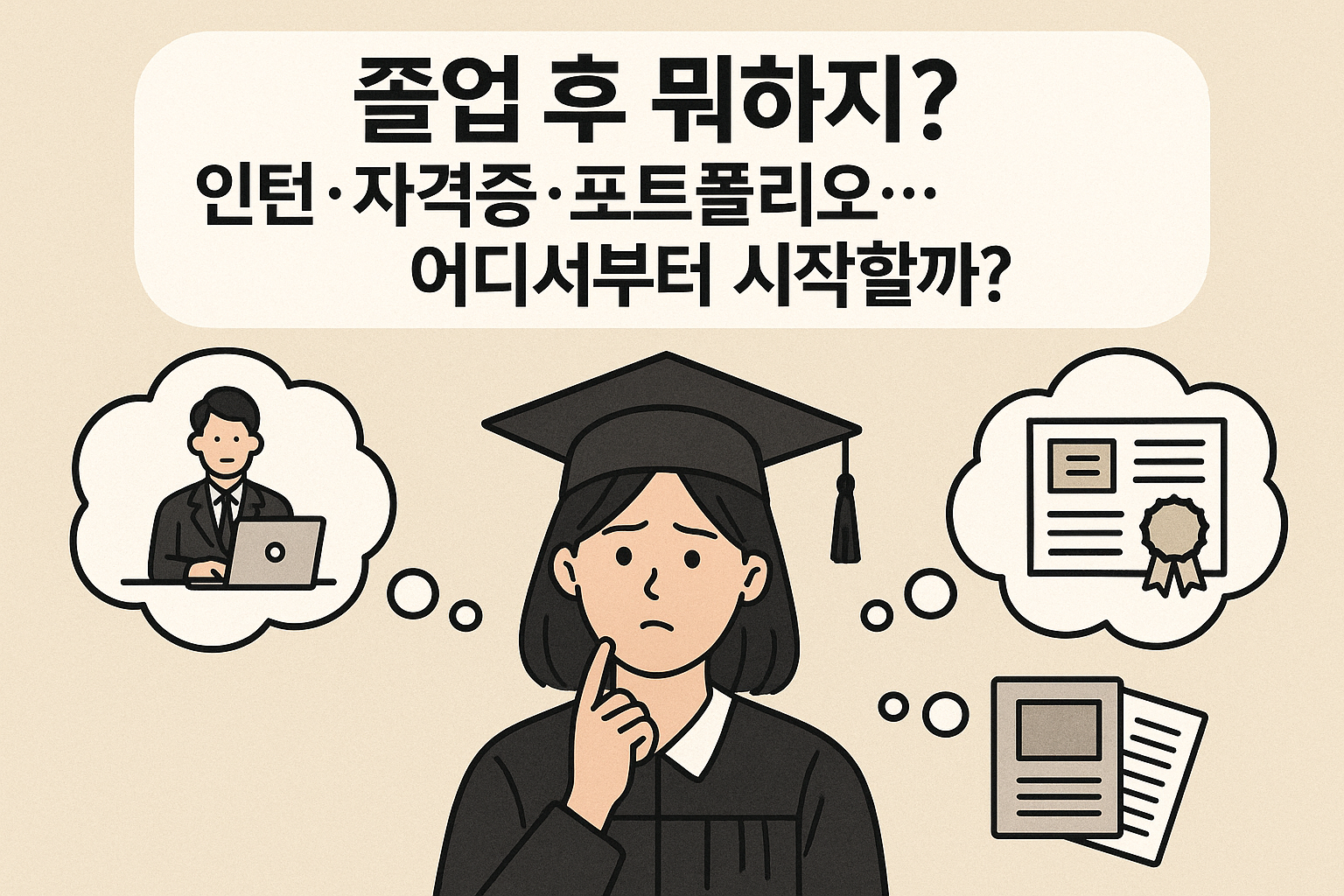 졸업후뭐하지-인턴자격증포트폴리오어디서부터시작할까-졸업가운여성-생각표정-인턴아이콘-자격증아이콘-포트폴리오아이콘