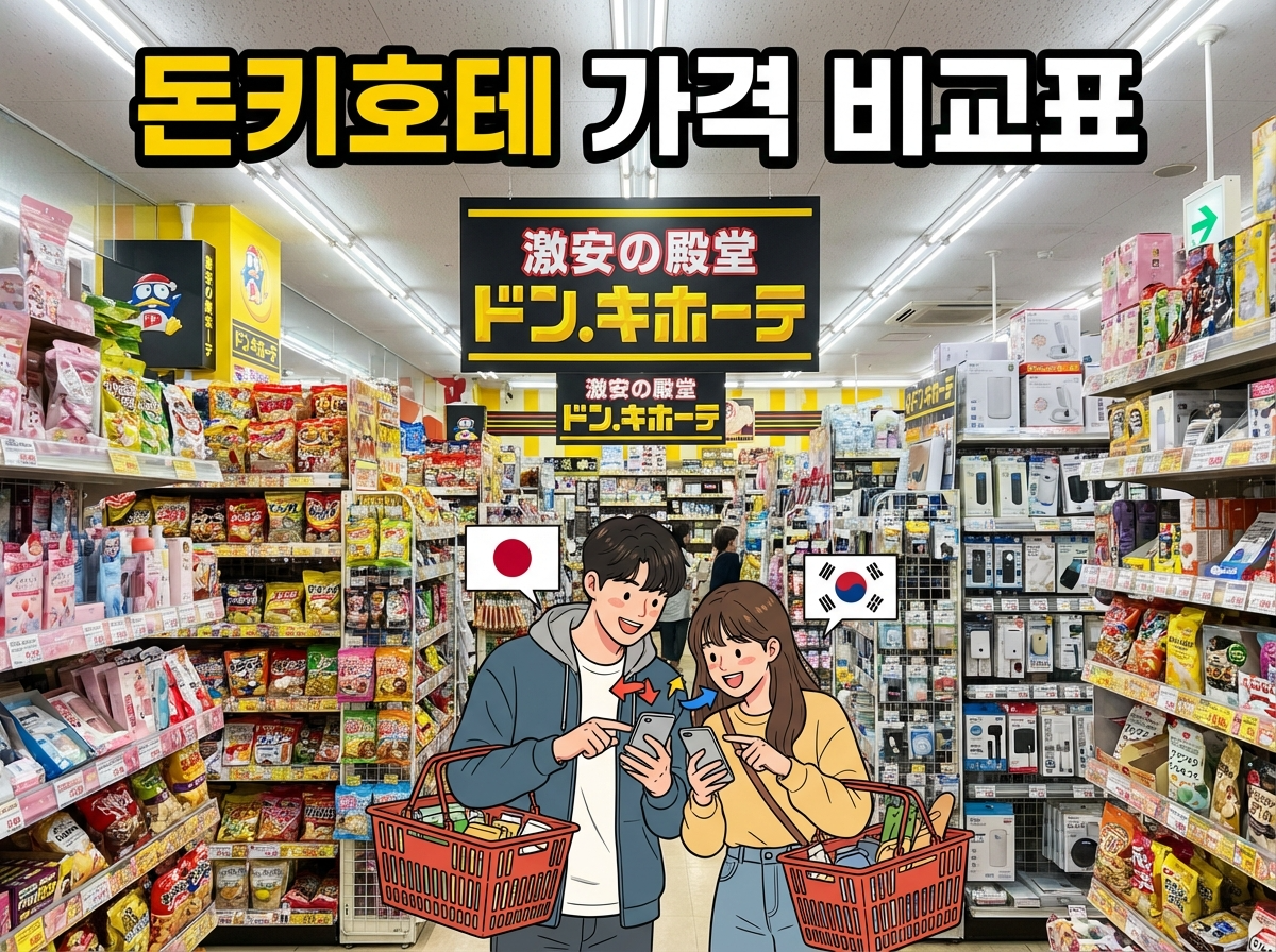 돈키호테 매장에서 일본과 한국 가격을 비교하며 쇼핑하는 한국 여행객 애니메이션 캐릭터가 스마트폰으로 가격표를 확인하는 쇼핑 가이드 인포그래픽 이미지