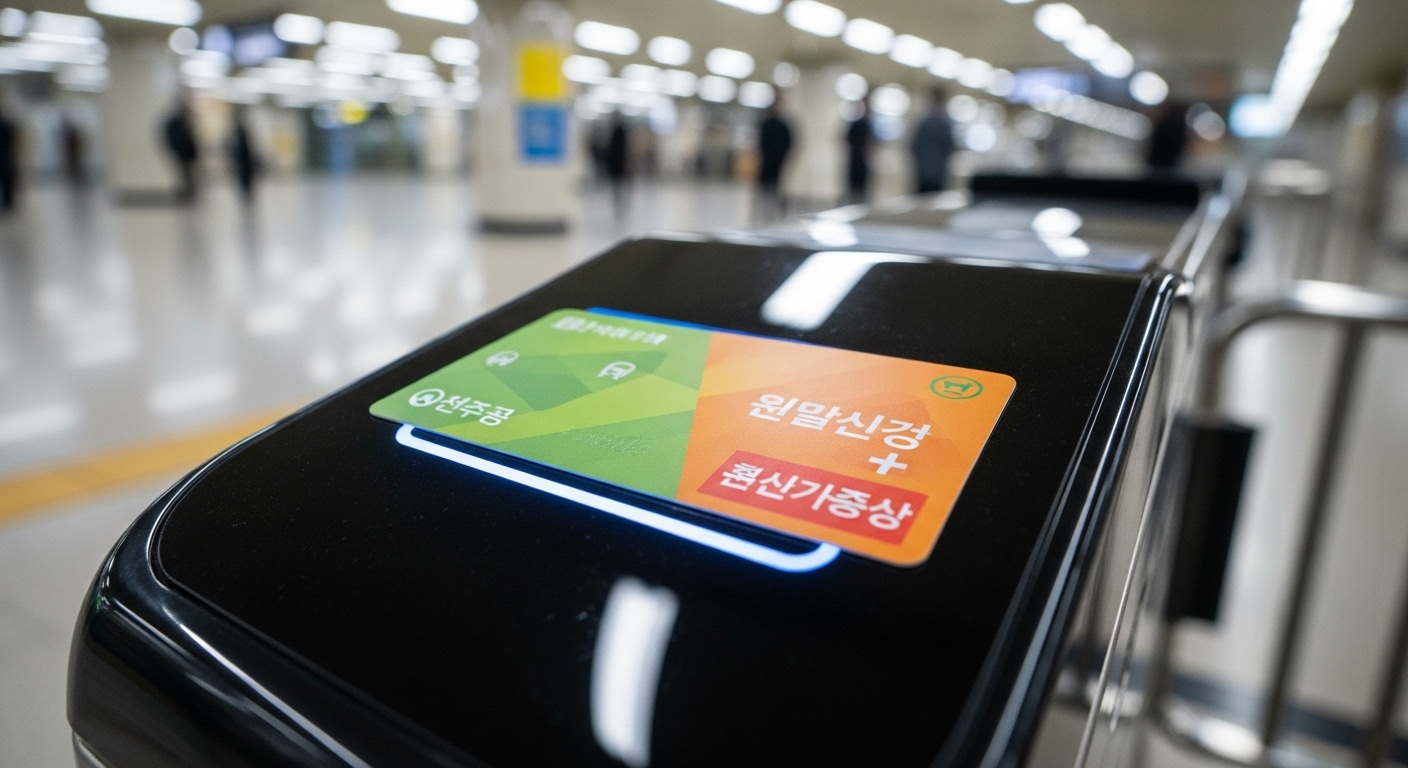 지하철 개찰구 단말기에 경로우대 교통카드를 태그하여 무료로 통과하는 모습.