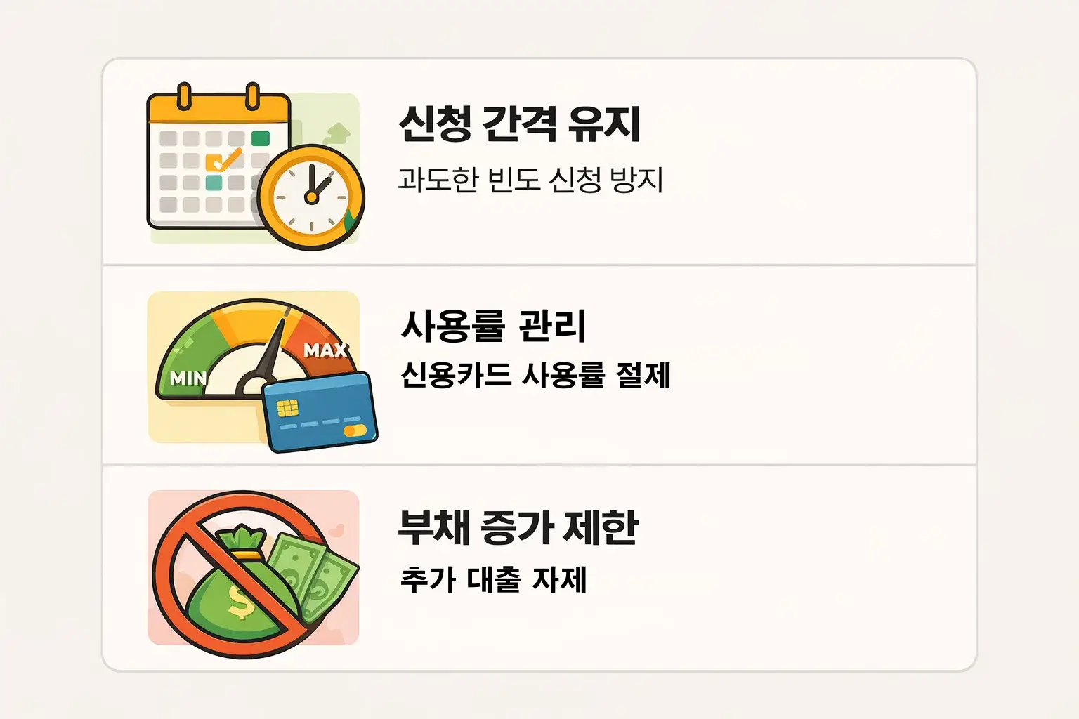 신용카드 발급 전 승인률을 높이기 위한 신청 간격 유지·사용률 관리·부채 증가 제한 기준을 담은 인포그래픽