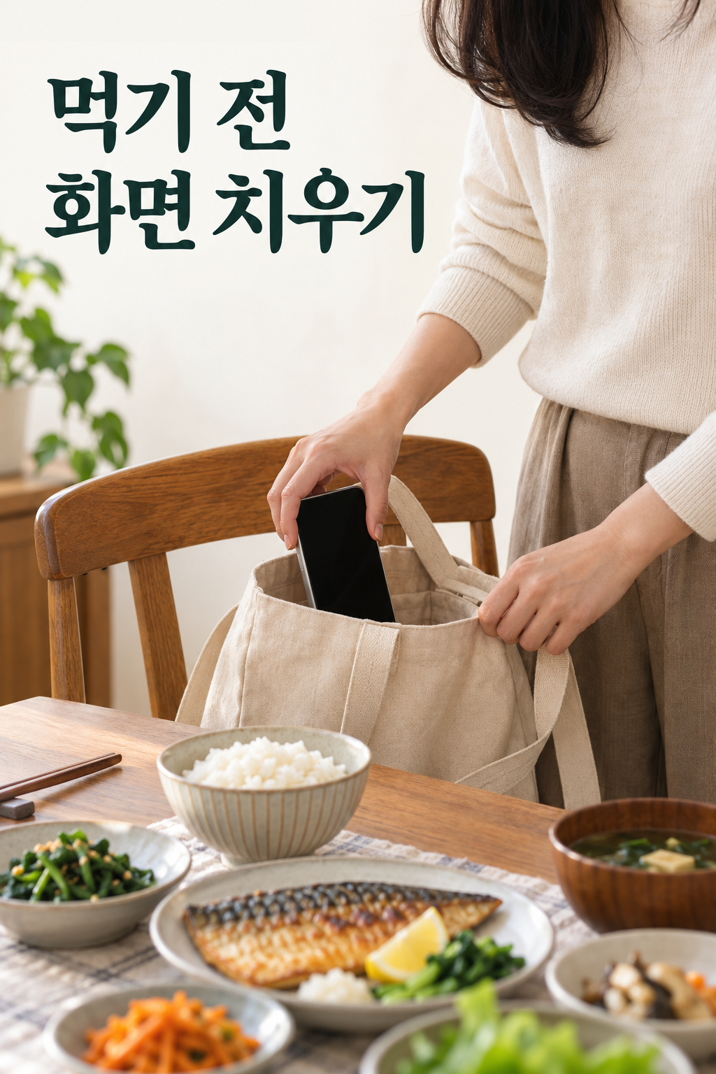 식사에 앞서 휴대전화를 가방에 넣고 식탁에 앉을 준비를 하는 모습