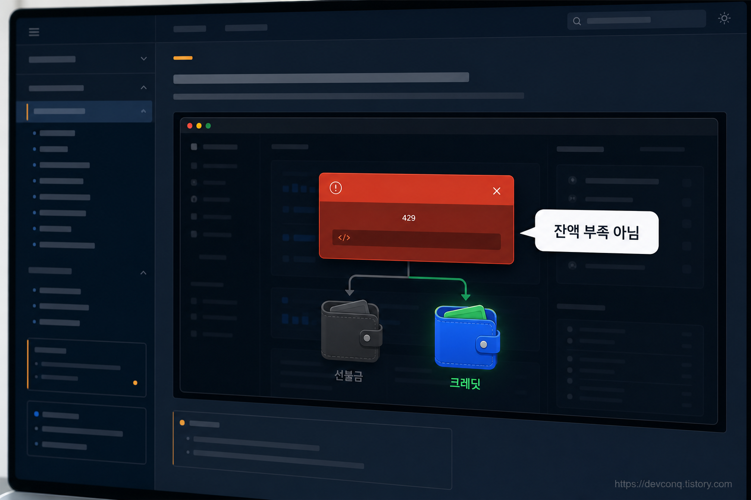 콘솔 화면에 뜬 '429 RESOURCE_EXHAUSTED' 오류 팝업 옆에 '요청 거부&middot;선불금 소진, 크레딧과 다른 지갑'이라는 한글 해설 말풍선을 붙인 웹페이지 목업
