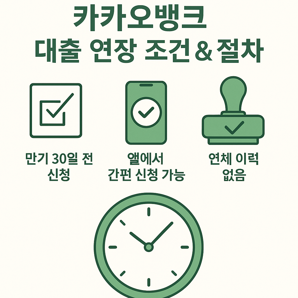 카카오뱅크 대출 만기 전 연장 신청 가능 시기, 앱을 통한 간편 신청, 연체 이력 조건 등 핵심 절차를 설명하는 시각 자료