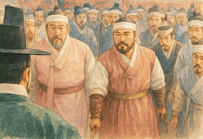 (왼쪽 그림) 흰 띠를 머리에 두른 구식 군인들이 무기를 들고 궁궐로 들이닥치자&amp;#44; 한 관리가 필사적으로 앞을 막아서는 모습입니다.