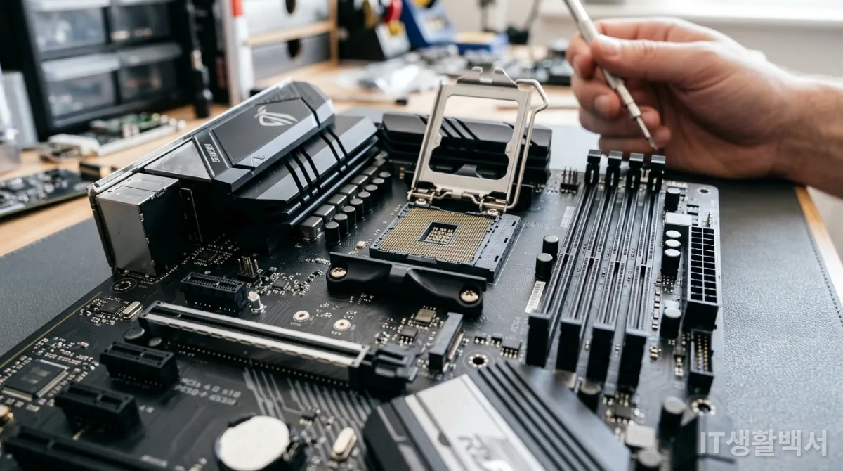 CPU 소켓이 열려 있는 메인보드의 상세 모습