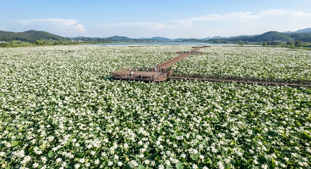 동양 최대 규모인 10만 평 저수지에 끝없이 펼쳐진 순백의 무안 회산백련지 백련 군락 항공 뷰