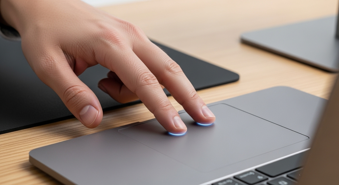 맥북 트랙패드를 사용하여 여러 손가락 제스처를 활용하는 모습.