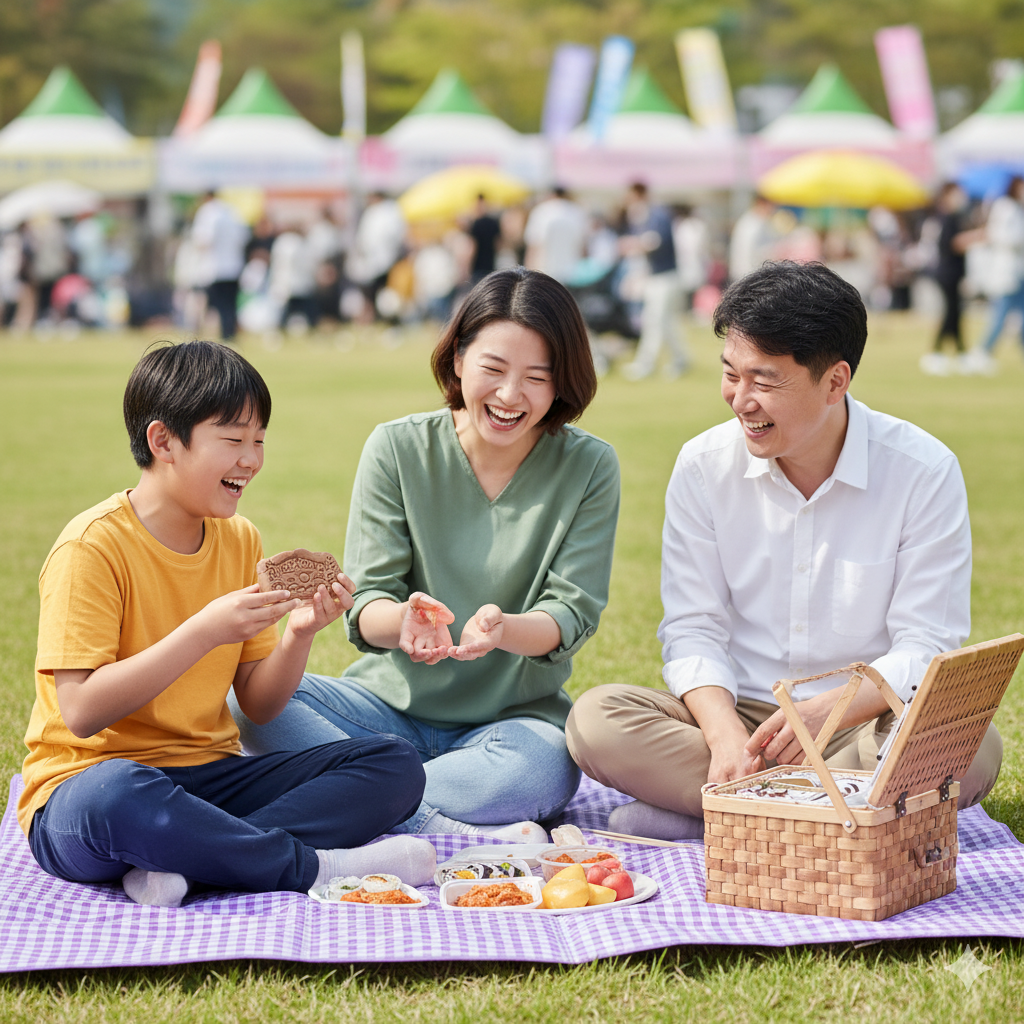 문화예술교육 축제 현장에서 돗자리를 펴고 휴식하는 방문객과 준비물