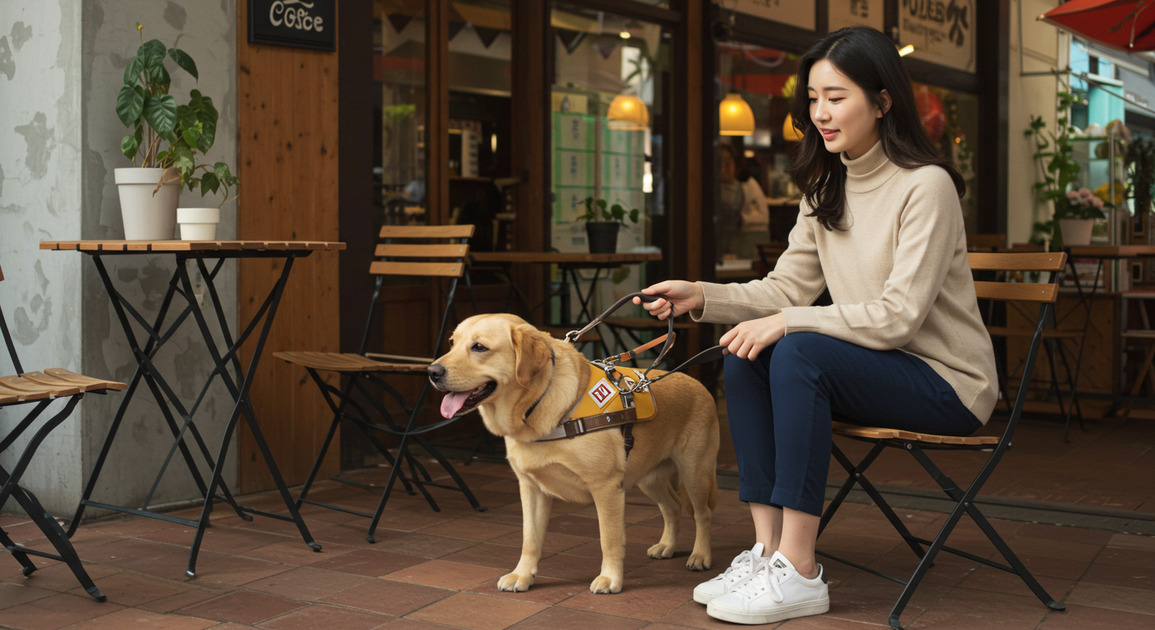 시각장애인 보조견과 함께 카페와있는 이미지