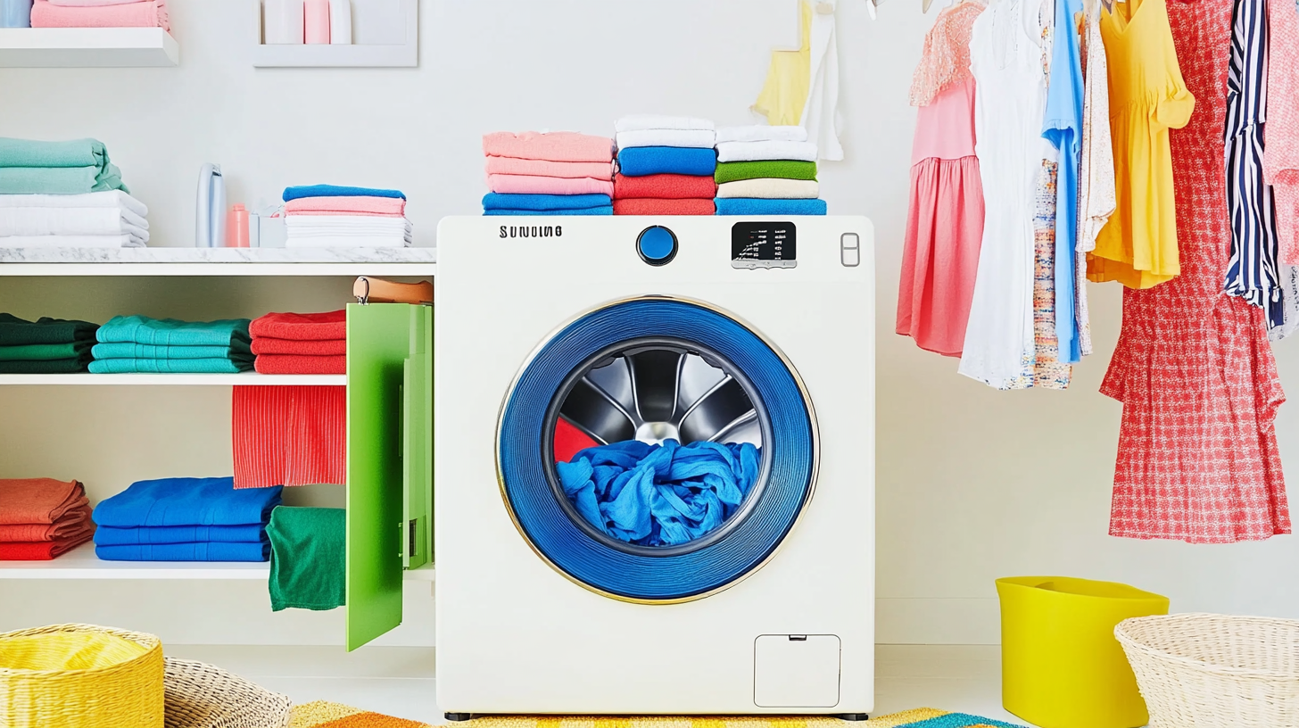활기찬 가족의 생활공간에서 대형 삼성 세탁기가 일주일 분량의 세탁물을 처리하며 밝은 색상의 옷들이 깔끔하게 정리된 모습을 보여줍니다.
