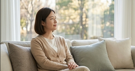거실 소파에 혼자 앉아 있는 저녁 풍경