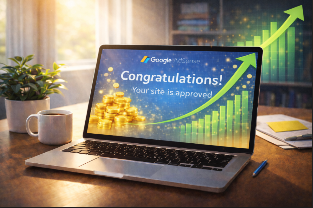애드센스 승인 성공 화면과 함께 수익 성장을 나타내는 밝고 희망적인 작업 공간