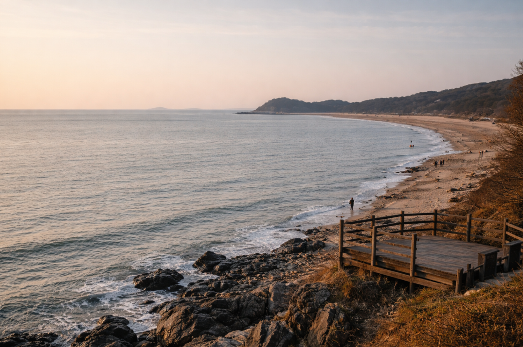 당진 왜목마을의 열린 바다와 수평선, 잔잔한 해변선이 함께 보이는 모습