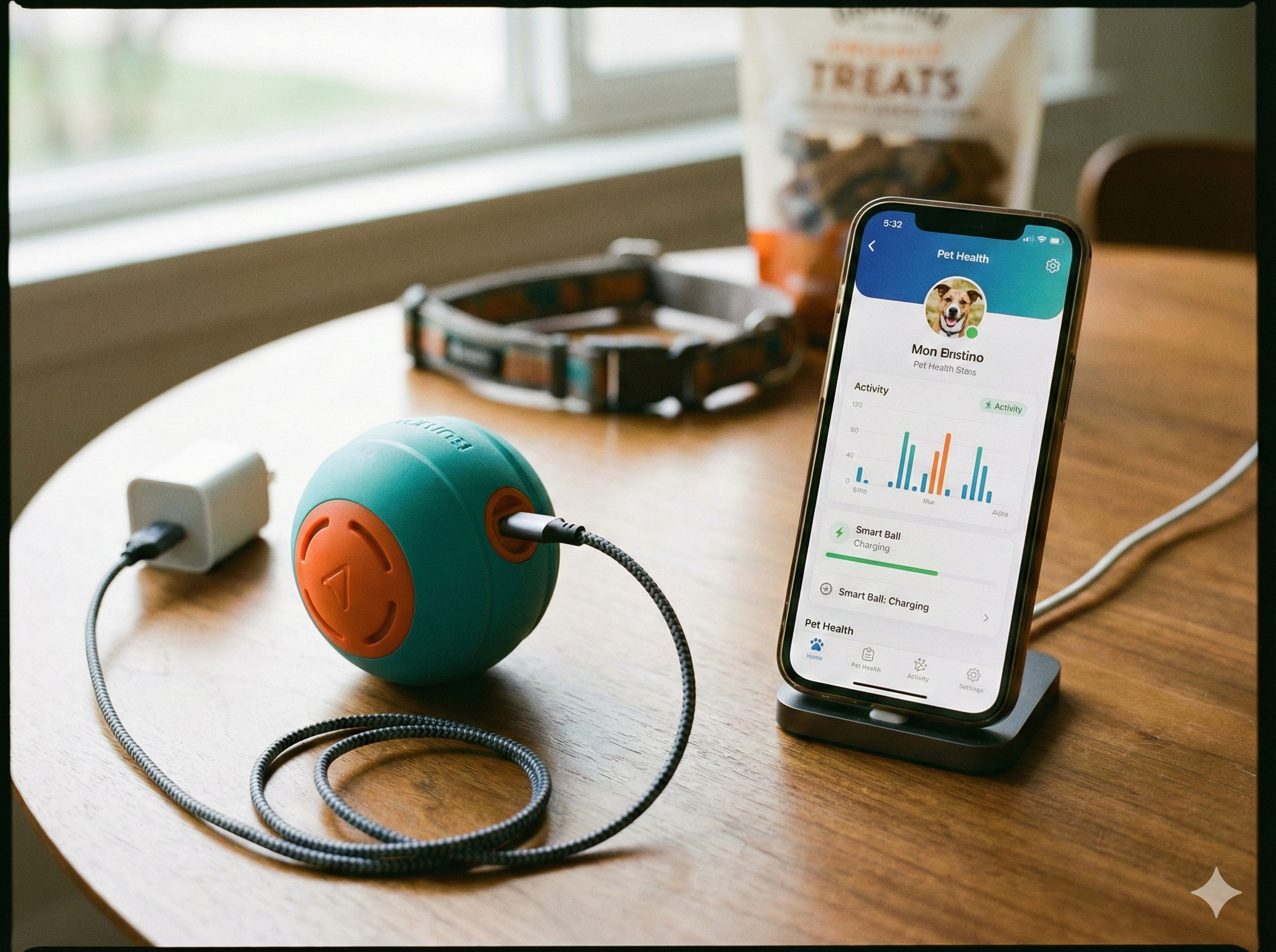 테이블 위에서 충전 중인 스마트 볼 장난감과 반려동물 건강 앱이 켜진 스마트폰