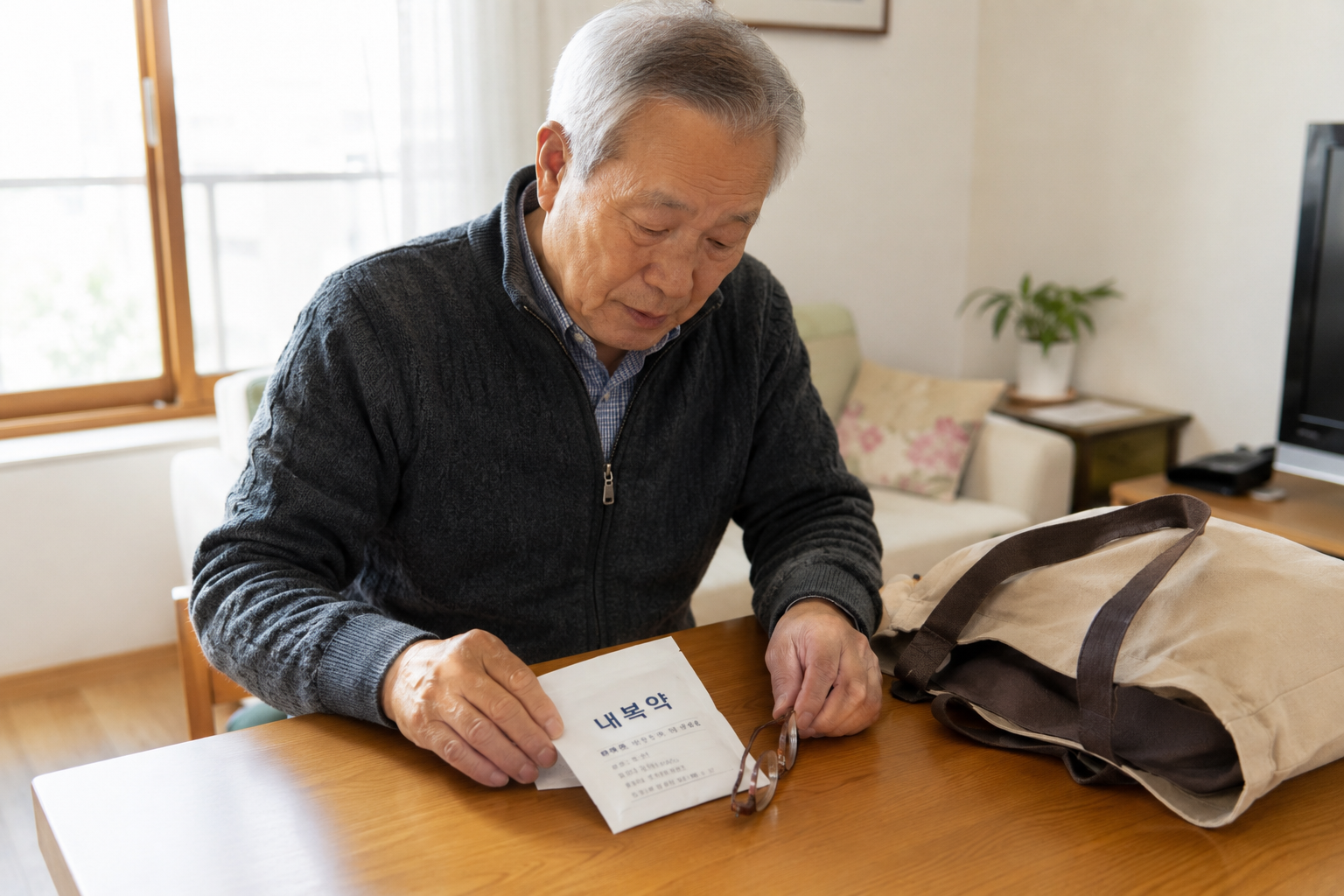 병원 방문 전 약 봉투와 안경을 챙기는 70대 어르신