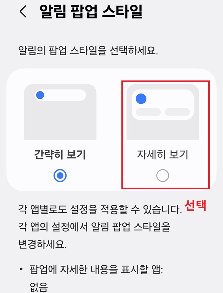 알림 팝업 스타일 페이지 보임. 현재는 간략히 보기에 선택되어있음