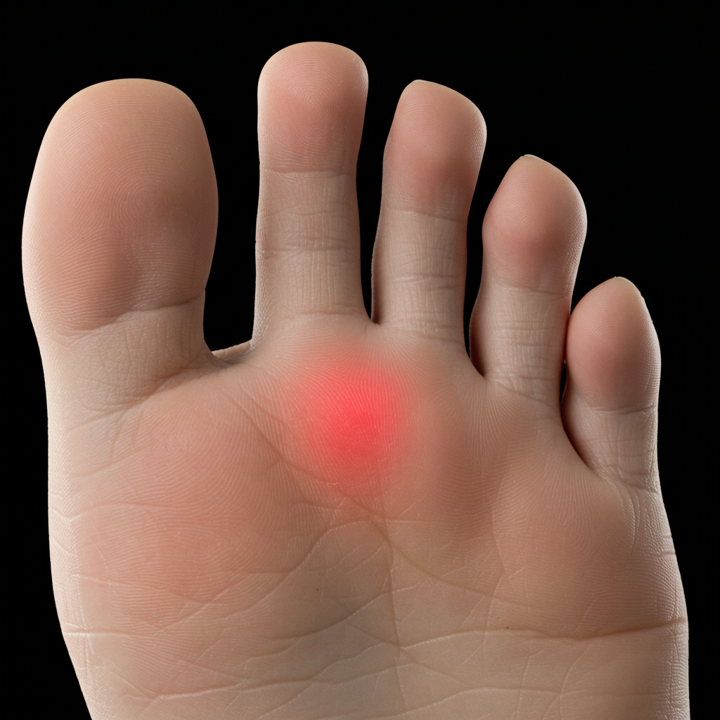 발가락 옆 부분이 붉게 변해 있는 모습. 당뇨발의 초기 증상 중 하나인 피부 변화를 보여줌.