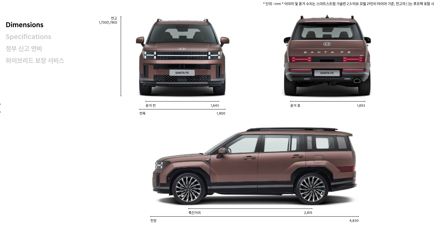신형 싼타페 제원 전고