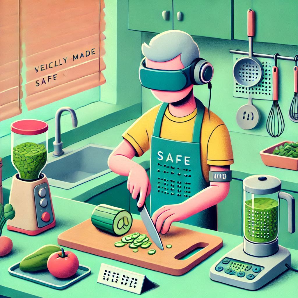 시각장애인이 특수 제작된 안전 칼을 사용하여 야채를 썰고 있는 모습. 옆에는 음성 지원 계량컵과 타이머가 보인다. 주방 공간은 체계적으로 정리되어 있으며, 각 도구와 재료에는 점자 라벨이 부착되어 있다