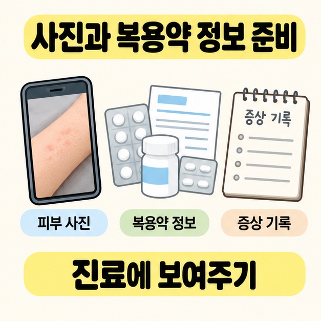 피부 사진이 표시된 스마트폰, 약 포장과 처방전, 증상 기록 메모를 진료 전 준비 자료로 배치한 이미지