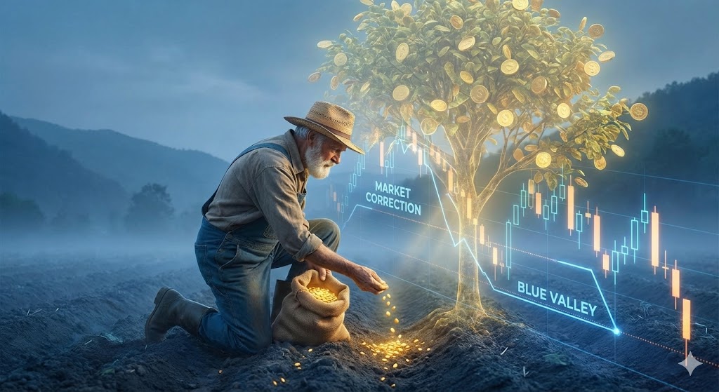 주가 그래프의 '조정 구간(공포)'에서 현명한 투자자가 씨앗(돈)을 심고 있고, 그 씨앗이 나중에 거대한 나무(수익)로 자라나는 모습