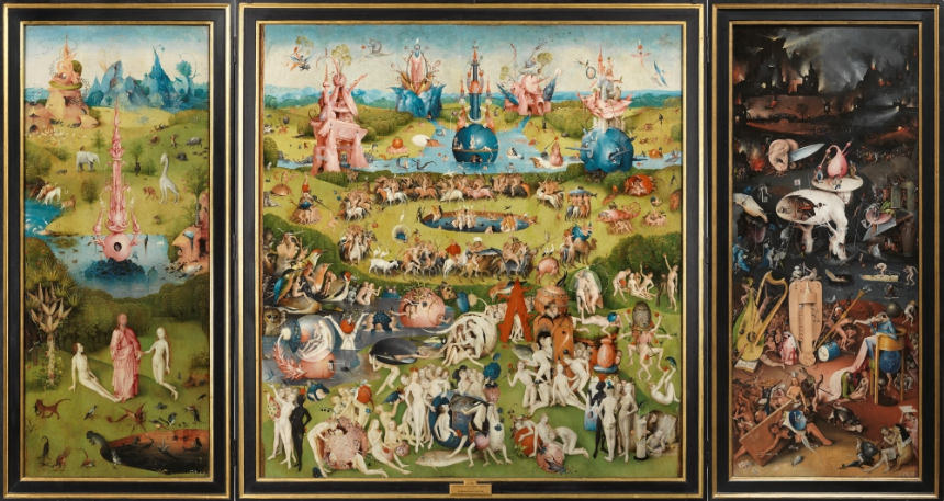 세속적인 즐거움의 정원 삼부작 (1490 - 1500. 그리자이유, 오크 패널에 유채. 방 056A) - 보쉬