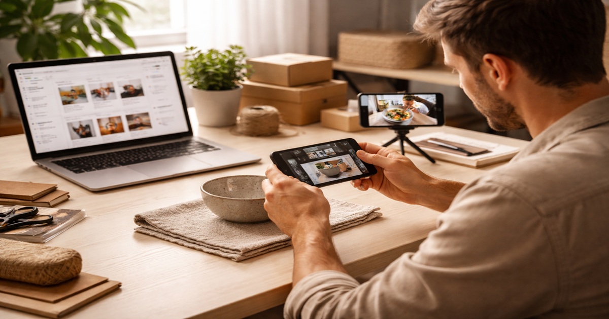 자사몰 운영을 위해 식기 제품을 촬영하고 SNS 콘텐츠를 제작하며 온라인 쇼핑몰을 관리하는 크리에이터 셀러의 홈오피스 모습