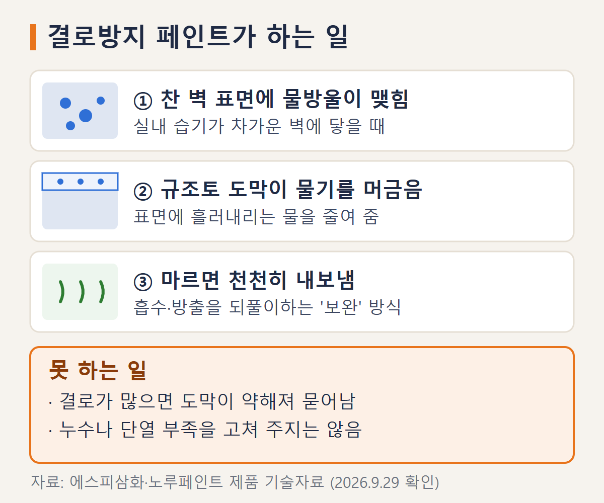 결로 보완용 페인트가 표면 물기를 흡수했다가 내보내는 과정과 누수&middot;단열 문제를 해결하지 못하는 한계를 설명한 도식
