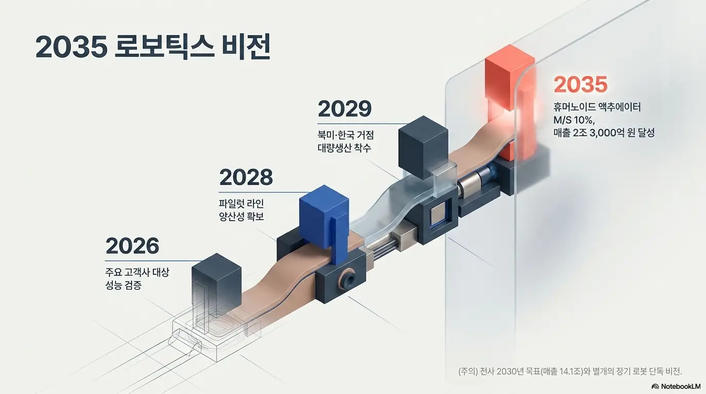 HL만도 주가 전망&amp;#44; &rsquo;2035 로보틱스 비전&amp;#39;이라는 제목으로 HL만도의 휴머노이드 액추에이터 양산 로드맵을 2026년 성능 검증&amp;#44; 2028년 파일럿 라인&amp;#44; 2029년 북미&middot;한국 대량생산&amp;#44; 2035년 시장점유율 10%&middot;매출 2조3000억원으로 단계별 표현한 인포그래픽. 전사 2030년 목표와 별개인 로봇 단독 장기 비전을 시각적으로 전달하며&amp;#44; 블로그의 HL만도 로봇 사업 전망과 관련된 내용을 설명함