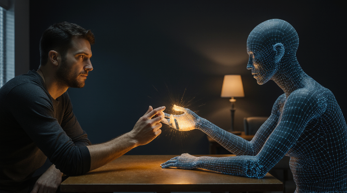 인간과 AI가 서로 손을 맞닿으며 논리와 감정을 연결하는 공감을 연상시키는 이미지