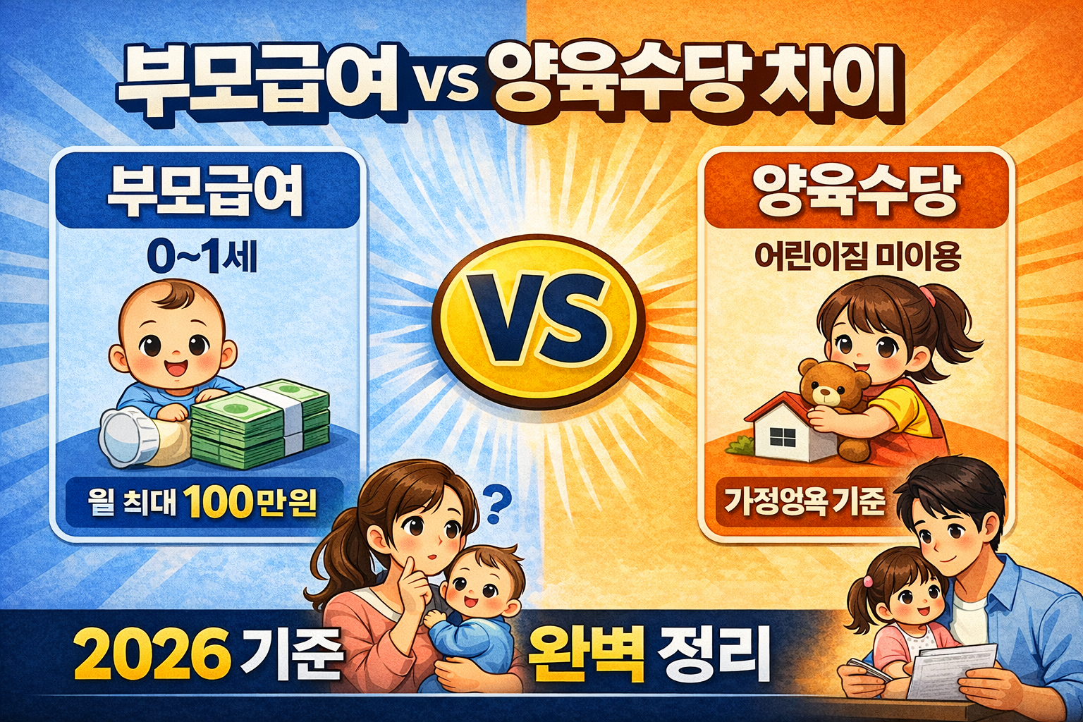 2026 부모급여 vs 양육수당 차이 비교 이미지, 0~1세 월 최대 100만원 부모급여와 어린이집 미이용 시 지급되는 양육수당 기준 설명