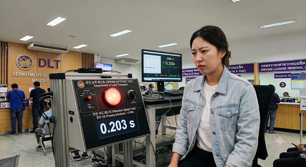 태국 교통국(DLT) 모칫 분소 내부에서 한국인 여성이 '반응 속도 테스트 (Reaction Speed Test)' 기기에 앉아 있으며, 기기에는 한글로 테스트 이름과 합격 기준이 표기되어 있고, 그녀가 발 페달을 밟고 있는 모습