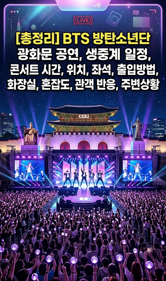 BTS 방탄소년단 광화문 공연, 생중계 일정, 콘서트 시간, 위치, 좌석, 출입방법, 화장실, 혼잡도, 관객 반응, 주변상황 총정리